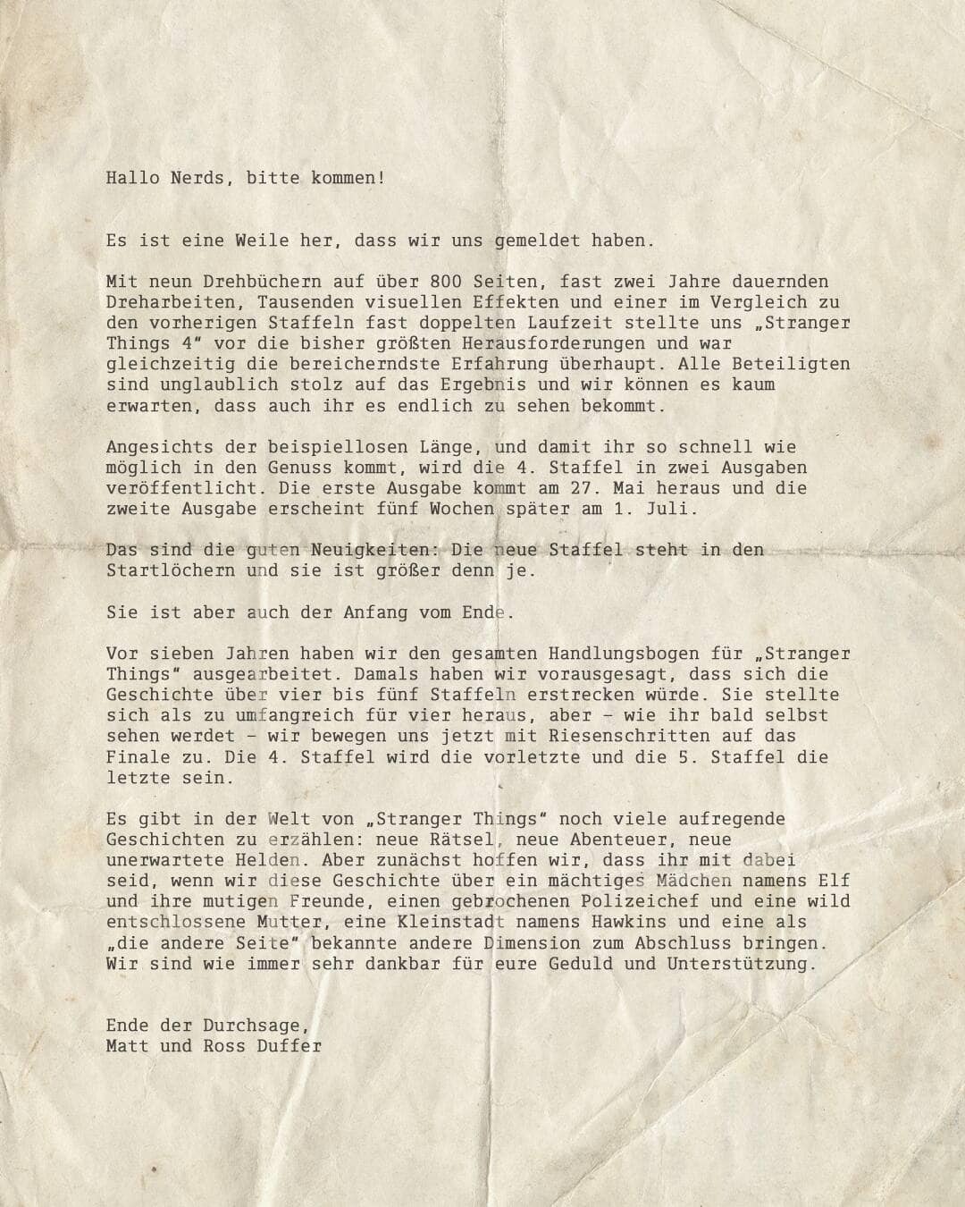 Offener Brief von Matt und Ross Duffer.